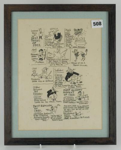 Tom Webster. Sporting cartoonist. Three original pen and ink humouros artworks by artist Tom Webster, probably for newspaper or possibly his Webster’s Annual for the years 1933 and 1934, The cartoons comprise a series of illustrations with captions descri