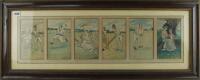 Humorous cricket artwork 1905. Large horizontally long frame containing a montage of six panels of original hand drawn and coloured artwork showing the humorous side of cricket. The six panels are all titled in pencil to mount and are entitled ‘How’s That