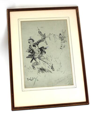 &lsquo;Life&rsquo;s Little Ironies&rsquo;. Excellent pen and ink original artwork of a gentleman wearing top hat and carrying umbrella been hit on the head by a cricket ball whilst walking around a cricket ground. The players to background with one fielder running to retri