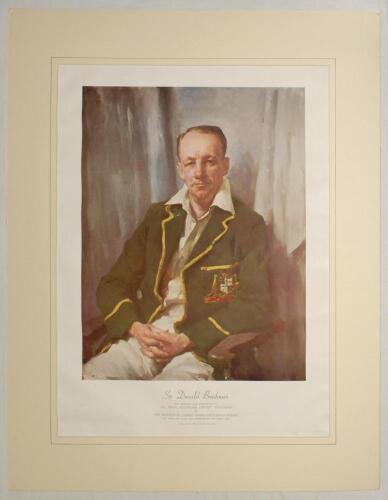 &lsquo;Sir Donald Bradman&rsquo;. Large colour print of a portrait of Bradman, seated three quarter length wearing Australia Test blazer. Printed title to lower border with description, &lsquo;The original was presented to the South Australian Cricket Association by the Tr