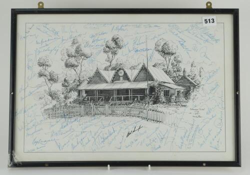 Australia v England. &lsquo;Centenary Test Match&rsquo; 1877-1977. Mono print from an original pen and ink drawing of the Melbourne Cricket Club Pavilion by D. Watson 1976. Signed to the print by seventy five former Ashes players and others who, presumably, attended 