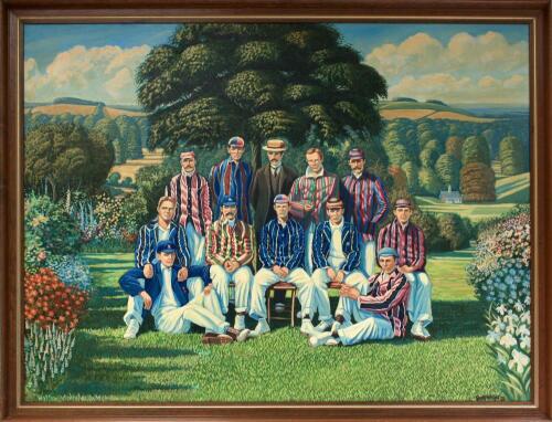 Gerry Wright 1931-2015. &lsquo;Pelham Warner&rsquo;s Team to the U.S.A. 1897&rsquo;. Extremely large and impressive original oil painting on canvas by artist Gerry Wright, comprising a large study of team, wearing very coloured blazers and caps with scenic garden panorama,