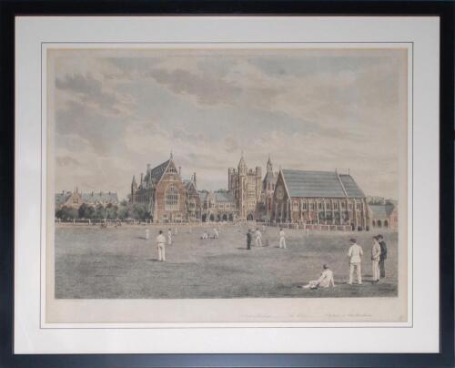 &lsquo;Clifton College- The Close- Clifton v. Cheltenham&rsquo; 1891. Large and attractive hand-coloured print of an engraving depicting a cricket match in progress with the Clifton College buildings and spectators in the background. Printed by F.P. Barraud, etched b