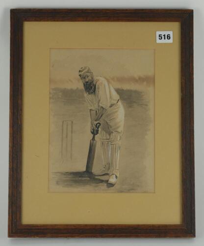William Gilbert Grace. Original painting showing Grace in batting pose standing in front of cricket stumps wearing M.C.C. cap. The image has been taken from the colour lithograph portrait of Grace which appeared as &lsquo;Supplement to Black and White. August 3