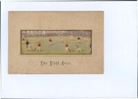 ‘The First Over’. Original Stevengraph of the start of a cricket match, circa 1880, miniature picture woven in silk, approx. 2”x6” wide. In original mount with title below. ‘Woven in silk by Thomas Stevens, inventor and manufacturer, Coventry and London, 