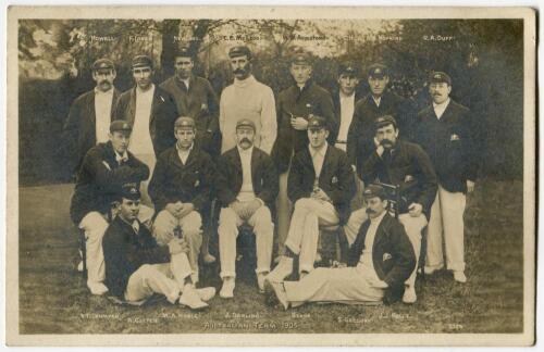 ‘Australian Team 1905’. Scarce sepia real photograph postcard of the Australian team 1905, standing and seated in rows, wearing tour caps and blazers. Title and players named to lower border. Postcard ‘Rotophot Postcard’. Postally un-used. Silvering to im