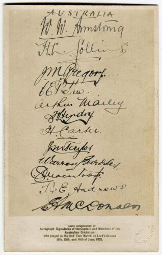 ‘Australia 1921. ‘Photo reproduction of Autograph Signatures of the Captain and Members of the Australian Cricketers who played in the 2nd Test Match at Lord’s Ground 11th-14th of June 1921’. Rare mono real photograph postcard depicting the signatures of 