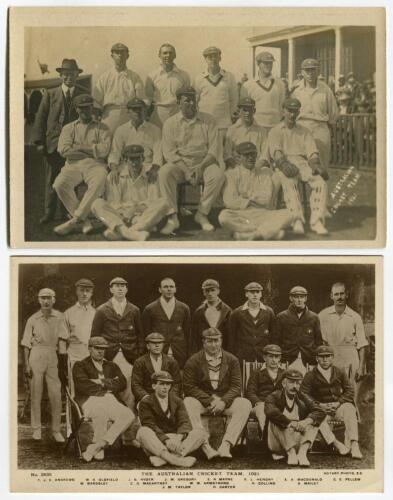 ‘The Australian Cricket Team 1921’. Two sepia real photograph postcards of the Australian team, sitting and standing in rows. One published by Rotary and the other unknown. Postally unused. G/VG