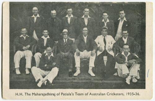 Patiala’s team of Australian Cricketers 1935/36. Mono printed postcard of the team with title to lower border ‘H.H. The Maharajadhiraj of Patiala’s team of Australian Cricketers 1935/36’. Publisher unknown. Odd faults otherwise in good condition