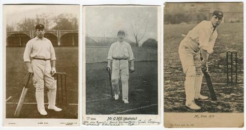Clement &lsquo;Clem&rsquo; Hill. South Australia & Australia 1892-1923. Three postcards of Hill, one sepia, two mono, one real photograph and two printed. All in batting pose, publishers are Pictorial, Hartmann and Wrench. Some minor wear/damage to the image surface 