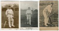 Clement ‘Clem’ Hill. South Australia & Australia 1892-1923. Three postcards of Hill, one sepia, two mono, one real photograph and two printed. All in batting pose, publishers are Pictorial, Hartmann and Wrench. Some minor wear/damage to the image surface 