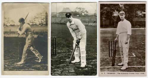 Victor Thomas Trumper. New South Wales & Australia 1894-1914. Three mono postcards of Trumper all in batting pose, two real photograph and one printed. Publishers are Hartmann, Bolland and Davidson Brothers 1909. Some minor wear/small loss to edge to the 