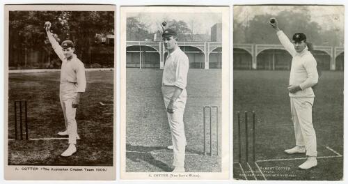 Albert &lsquo;Tibby&rsquo; Cotter. New South Wales & Australia 1901-1914. Three mono postcards of Cotter all in bowling pose, one real photograph and two printed. Publishers are Bolland, Davidson Brothers 1909 and one unknown. Good condition