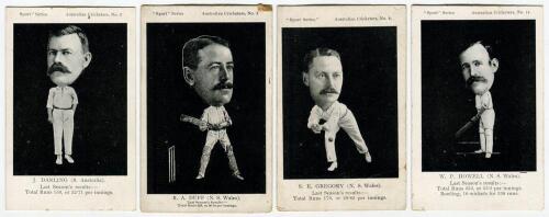Sport Series &lsquo;Australian Cricketers&rsquo; postcards circa 1909. Four mono caricature postcards from the series of Joseph Darling (South Australia & Australia 1893-1908) No. 2, Reginald Alexander Duff (New South Wales & Australia 1898-1908) No. 3, Sydney Edward