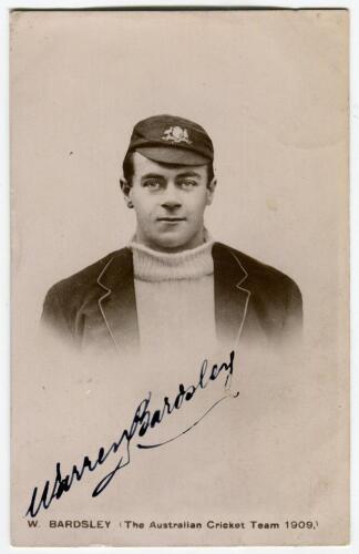 Warren Bardsley. New South Wales & Australia 1903-1926. Mono real photograph postcard of Bardsley head and shoulder wearing Australian cap and blazer. Nicely signed in ink to image by Bardsley. Annotation to card back otherwise in good condition