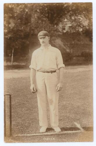 Samuel William Anthony &lsquo;Sam&rsquo; Cadman. Derbyshire 1900-1926. Original sepia real photograph postcard of Cadman standing full length at the wicket holding a ball and wearing cricket attire and cap. Hawkins & Co., Brighton. Postally unused. A nice image in ve