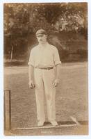 Samuel William Anthony ‘Sam’ Cadman. Derbyshire 1900-1926. Original sepia real photograph postcard of Cadman standing full length at the wicket holding a ball and wearing cricket attire and cap. Hawkins & Co., Brighton. Postally unused. A nice image in ve