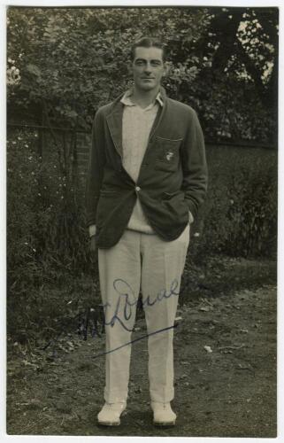 Edgar Arthur McDonald. Lancashire, Tasmania & Australia 1909-1931. Mono real photograph postcard of McDonald, full length, wearing Australian blazer and cricket attire. Signed in black ink by McDonald. Nias, Brighton. Good condition