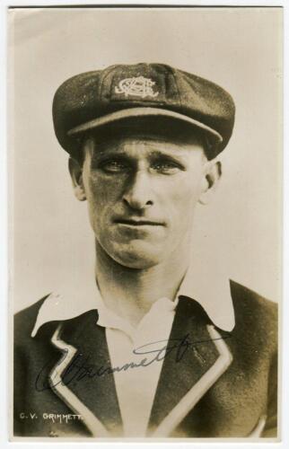 Clarrie Victor Grimmett. Victoria, South Australia & Australia 1918-1941. Mono real photograph postcard, head and shoulders, of Grimmett wearing South Australia cap. Nicely signed in ink by Grimmett. Biography printed to verso. Empire Publishing Co of the