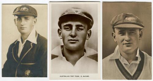 Stanley Joseph McCabe, New South Wales & Australia 1928-1942. Three postcards of McCabe, all sepia, two real photograph and one printed. All head and shoulders image, publishers are Sidney Riley of Sydney, &lsquo;Australian Test Team&rsquo; postcard 1930 and one unkn