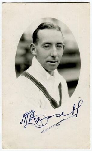 Arthur Lindsay Hassett. Victoria & Australia 1932-1953. Mono real photograph postcard of a youthful Hassett, head and shoulders in cameo, wearing Australian sweater 1938. Very nicely signed in black ink by Hassett. &lsquo;Autographed July 13th 1938&rsquo; to verso. P