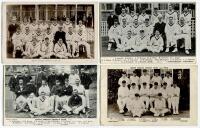 South African tours of England 1907 and 1924. Four team postcards, one sepia, three mono, two real photograph and two printed. All show the teams sitting and standing in rows with titles to lower borders. Publishers are Hartmann, Nelson Series, one unknow