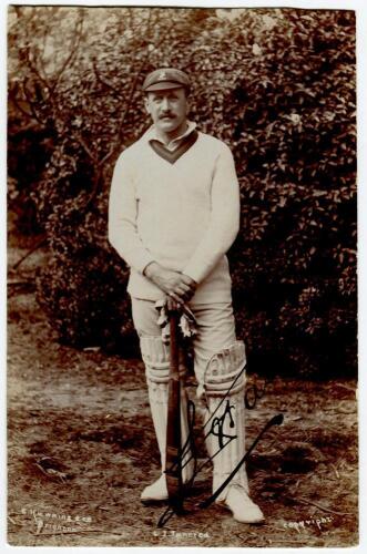Louis Joseph Tancred. Transvaal, London County & South Africa 1896-1920. Excellent sepia real photograph postcard of Tancred, full length, wearing South African cap and holding a bat in front. The postcard nicely signed to image in black ink &lsquo;L.J. Tancre