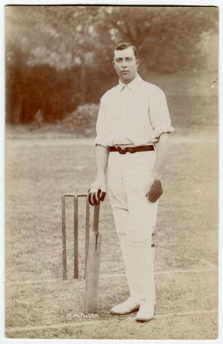 Christopher Maitland Howard Hathorn. Transvaal & South Africa 1897-1911. Excellent sepia real photograph postcard of Hathorn, full length, in batting attire and stood at the wicket. Foster of Brighton. Postally unused. Very good condition. An excellent i