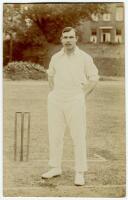 Johannes Jacobus Kotze. Western Province & South Africa 1901-1910. Sepia real photograph postcard of Kotz, full length, in cricket attire standing at the wicket. Foster of Brighton. Postally unused. Very good condition. A nice image