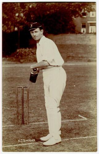 Sibley John &lsquo;Tip&rsquo; Snooke, Border, Western Province, M.C.C., Transvaal & South Africa, 1897-1924. Sepia real photograph postcard of Snooke, full length, wearing South Africa cap in batting pose standing at the wicket. Foster of Brighton. Postally unused. V
