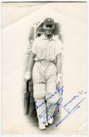 Eric Alfred Burchell Rowan. Transvaal, Eastern Province & South Africa 1929-1954. Excellent mono real photograph postcard of Rowan, full length, wearing South African cap and walking out to bat at Scarborough. The postcard nicely signed to image in blue i