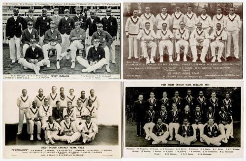 West Indies tours of England 1906, 1928, 1933 and 1939. Four team postcards, one sepia, three mono, two real photograph and two printed. All show the teams sitting and standing in rows with titles to lower borders. Publishers are Scott, Jaeger and the lat