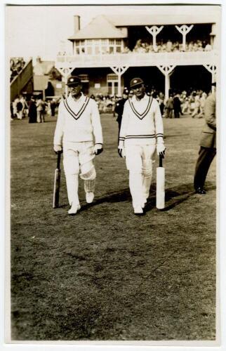 Leveson-Gower XI v All India, Scarborough 1936. Mono real photograph postcard of Jahangir Khan and Cota Ramaswami walking out to bat for India in the match. Walkers of Scarborough postcard. Verry good condition