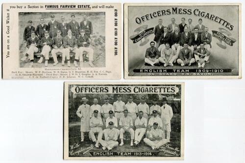 M.C.C. tours 1906/07 to 1913/14. Three various advertising mono team postcards, the first advertising an auction to sell the Fairview Estate in Karori, New Zealand showing the M.C.C. team of 1906/07 in New Zealand to centre, the second advertising &lsquo;Office