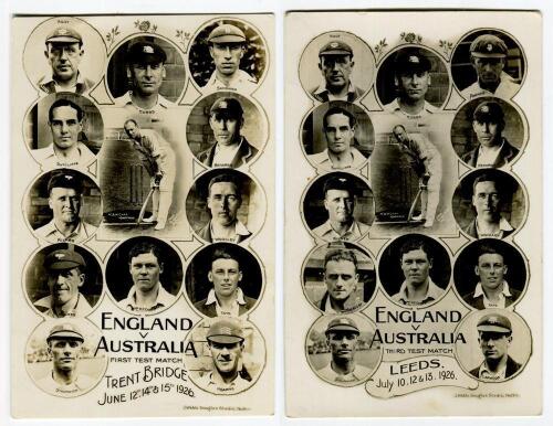 England v Australia 1926. Two sepia real photograph postcards each featuring cameos of thirteen England players. One, the rarer one, for the first Test at Trent Bridge 12th-15th June 1926, the other for the third Test at Leeds, 10th-13th July 1926. Player