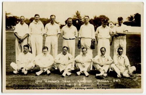 Lord Tennyson&rsquo;s tour of Jamaica 1931-32. Real photograph mono team postcard of the team standing and seated on the field at Kingston. Title to lower border, players names written to lower border. Players included Tennyson, Chapman, Stevens, Bowley, Valent