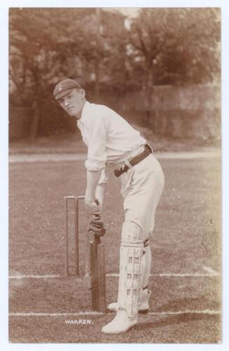 Arnold Warren. Derbyshire & England 1897-1920. Original sepia real photograph postcard of Warren standing full length in batting pose at the wicket wearing a Derbyshire cap. Foster of Brighton. Postally unused. A lovely image in very good condition.