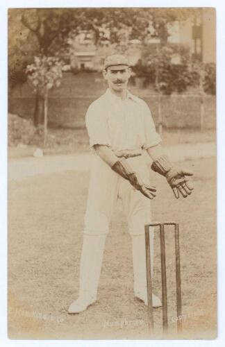 Joseph &lsquo;Joe&rsquo; Humphries. Derbyshire & England 1899-1914. Original sepia real photograph postcard of Humphries standing full length at the wicket wearing wicket-keeping attire and Derbyshire cap. Hawkins & Co., Brighton. Postally unused. Very good condition