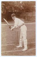 Arthur Morton. Derbyshire 1903-1926. Original sepia real photograph postcard of Morton standing full length at the wicket in batting pose and wearing cricket attire and Derbyshire cap. Foster of Brighton. Postally unused. An excellent image in very good c