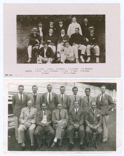 Essex C.C.C. 1904. Mono real photograph postcard of the 1904 Essex team seated and standing in rows wearing cricket attire and blazers. Printed players&rsquo; names to lower border. Players featured include Fane (Captain), Perrin, Gillingham, Tosetti, Reeves, D