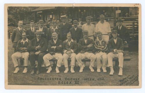 &lsquo;Colchester Cricket Week 1920. Essex XI&rsquo;. Original sepia postcard of the Essex team seated and standing in rows wearing cricket attire and assorted blazers and headgear. Players featured include Douglas, Gillingham, Dixon, Russell, Perrin, McGahey etc. Ph