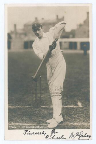 Charles Percy &lsquo;Charlie&rsquo; McGahey. Essex & England 1894-1921. Excellent original mono real photograph postcard of McGahey, full length at the wicket in batting pose at Leytonstone. Very nicely signed in black ink &lsquo;Sincerely yrs. Charles McGahey&rsquo;. Hartmann s