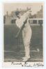 Charles Percy &lsquo;Charlie&rsquo; McGahey. Essex & England 1894-1921. Excellent original mono real photograph postcard of McGahey, full length at the wicket in batting pose at Leytonstone. Very nicely signed in black ink &lsquo;Sincerely yrs. Charles McGahey&rsquo;. Hartmann s