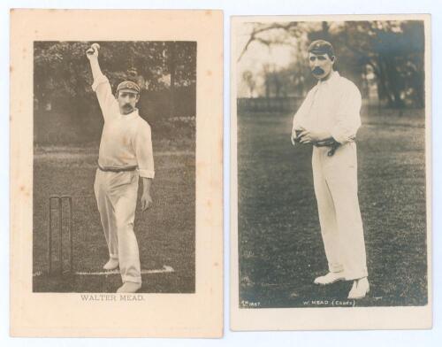 Walter Mead. Essex & England 1894-1913. Two original mono real photograph postcards of Mead, one in full length bowling pose at the wicket, Wrench Series no. 2936, the other full length holding a ball, Hartmann series no. F.H.L. 1667. Both postally unused