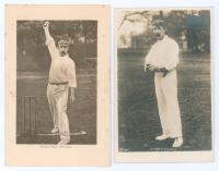 Walter Mead. Essex & England 1894-1913. Two original mono real photograph postcards of Mead, one in full length bowling pose at the wicket, Wrench Series no. 2936, the other full length holding a ball, Hartmann series no. F.H.L. 1667. Both postally unused