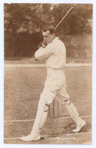 Reverend Frank Hay Gillingham. Essex 1903-1928. Sepia real photograph postcard of Gillingham in batting pose at the wicket. Blind embossed stamp for Foster & Co., Brighton, to lower right corner. Postally unused. Adhesive marks to verso where previously l