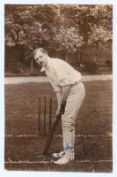 Norman Vaughan Hurry Riches. Glamorgan 1921-1934. Original sepia real photograph postcard of Riches in batting pose at the wicket. Signed in blue ink to the photograph by Riches. Appears to be by Foster or Hawkins of Brighton. The postcard has been re-bac