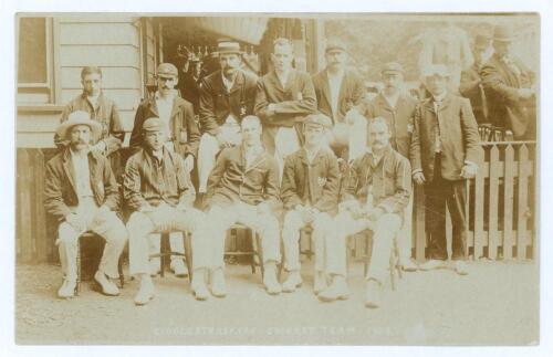 &lsquo;Gloucestershire Cricket Team 1906&rsquo;. Original sepia postcard of the Gloucestershire team seated and standing in rows wearing cricket attire, assorted blazers and headgear. Players featured include Jessop (Captain), Board, Dennett, Ford, Wrathall, Thomas e