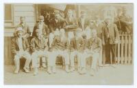 ‘Gloucestershire Cricket Team 1906’. Original sepia postcard of the Gloucestershire team seated and standing in rows wearing cricket attire, assorted blazers and headgear. Players featured include Jessop (Captain), Board, Dennett, Ford, Wrathall, Thomas e