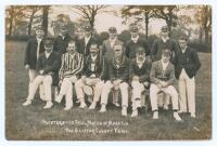 ‘Glostershire [sic] Trial Match at Moreton. The Gloster County Team’ c.1905. Original mono real photograph postcard of thirteen members of the Gloucestershire team seated and standing in rows wearing cricket attire, caps and assorted blazers. Captain, Gi